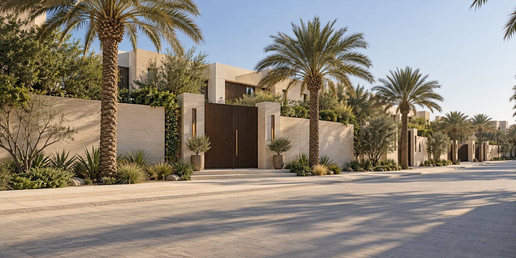 شارع سكني هادئ في الرياض صباحاً بأسوار حجرية وبوابة خشبية ونخيل
