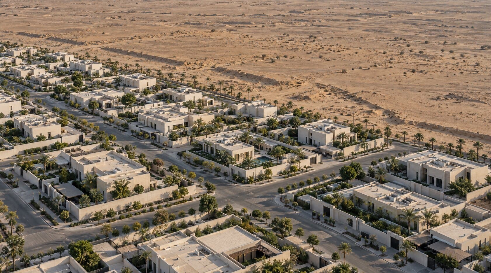 منظر جوي لحي فلل معاصر منخفض الارتفاع ينتهي عند أرض مفتوحة